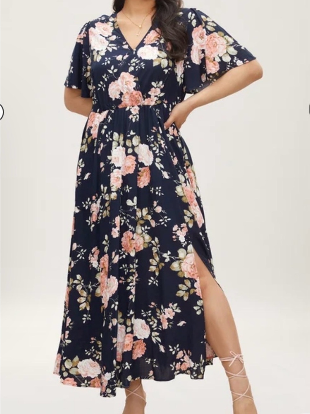 BloomChic Navy Floral V-Neck Maxi Dress with Side Slit